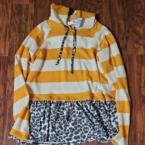 Striped Yellow and White Hoodie with Leopard Hem